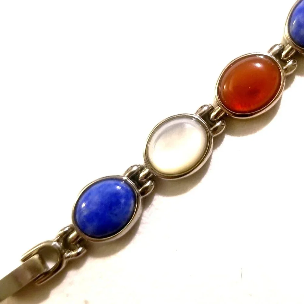 Women's N Moore Silver-toned Watch w/Lapis Lazuli, Mother of Pearl and Car…